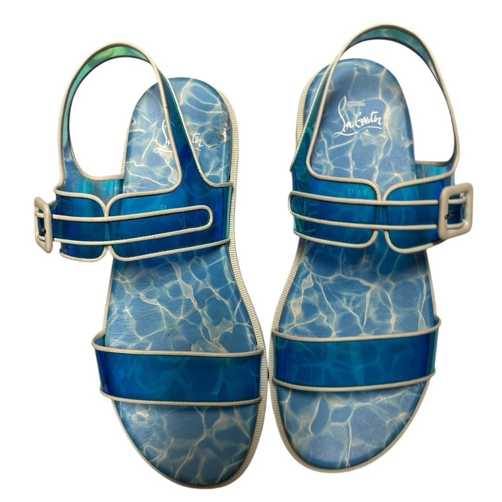 Christian Louboutin Nappa PVC Duniss Cool Flat Sandals Blanco/Blue Sz 39